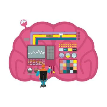 Control and mental process management. A small man at a console regulating .. Stock Illustration