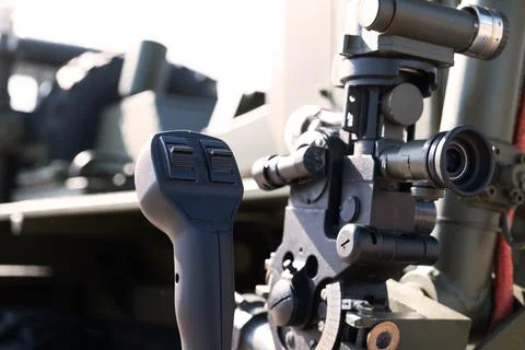 Control and optical sight of a multiple launch rocket system, close-up, milit Stock Photos