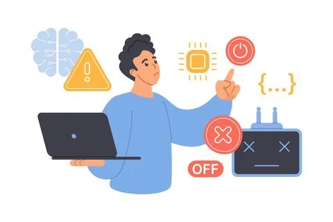 Control and refusal to use AI services, tiny man pressing off button, cross over Stockillustratie