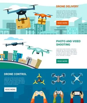 Control and use drones horizontal banner. Fast delivery goods possibility video Stock Illustration