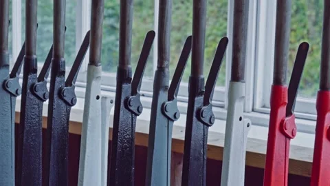 Control box switch point levers in train signal box for rail safety Stock Footage 168213241
