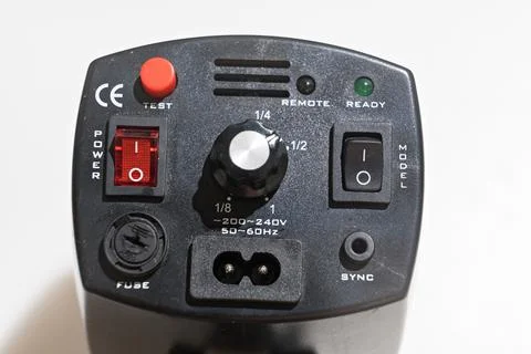 Control buttons on the Studio flash on a white background. Stock Photos