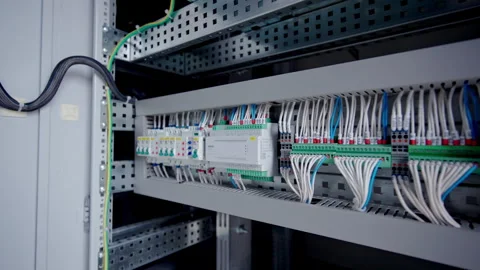 Control cabinet features programmable logic controller Video stock 346175304