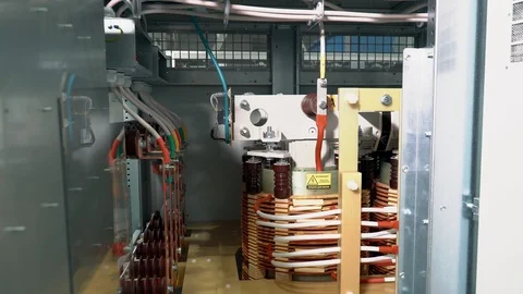 Control cabinet. Internal view of the transformer cabinet. copper parts and Video stock 104768445