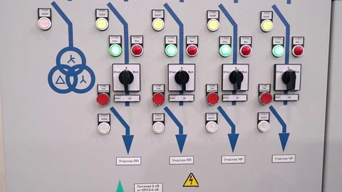 Control cabinet protection and automatic shutdown. Indicators and switches on Stock Footage 105337856