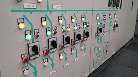 Control cabinet protection and automatic shutdown. Indicators and switches on Stock Footage 105390130