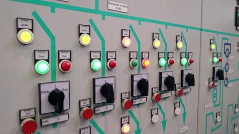 Control cabinet protection and automatic shutdown. Indicators and switches on Stock Footage 105390373