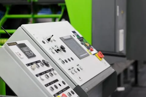 Control console of automated manufacturing machine Stock Photos