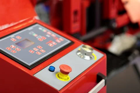 Control console of automatic bandsaw machine Stock Photos
