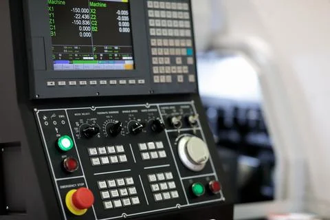Control console of CNC machining center close up Stock Photos