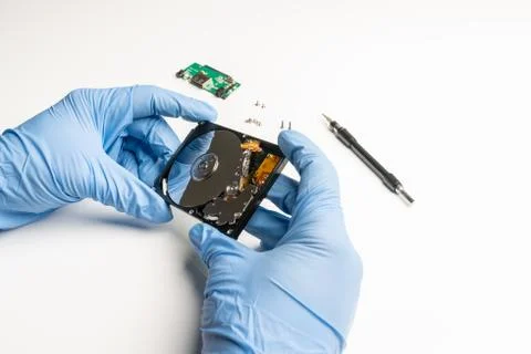 Control of a damaged hard disk under laboratory conditions Stock Photos