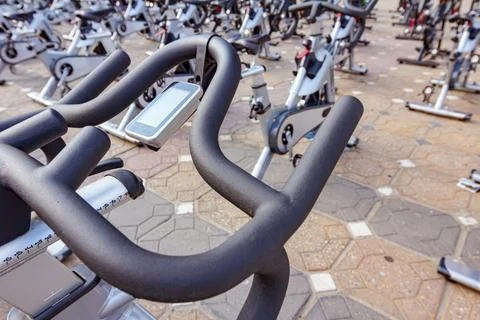 Control display on Indoor training bikes lined up on the street Stock Photos