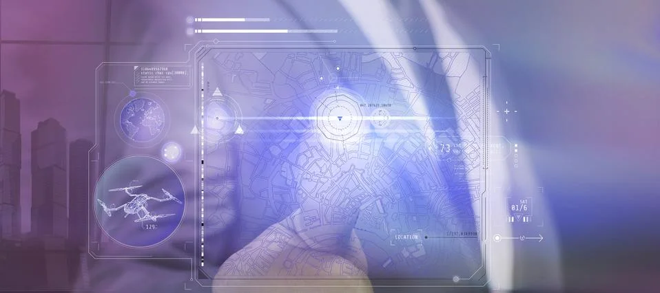 Control the drone on the virtual panel. 3D render Stock Illustration