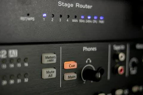 Control elements, buttons and knobs, leds on a sound mixer Stock Photos