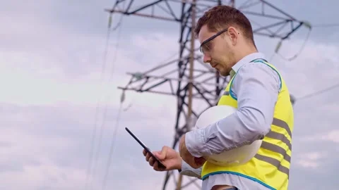 Control engineer with tablet pc, power lines and pylons, discussing expansion pl Video stock 252667366