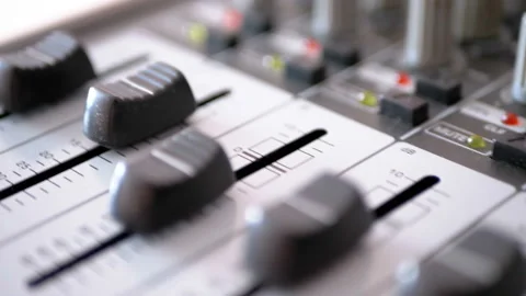 Control Faders on a sound mixing console Stock Footage 100856950