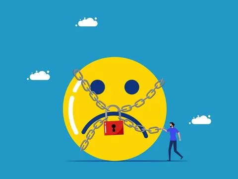 Control negative emotions. man standing with negative thinking icon blocked w Stock Illustration