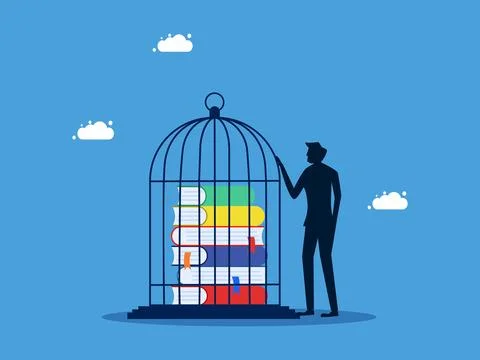 Control over learning and lack of freedom in education. man keeps books in a  Stock Illustration