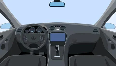 Control panel and windscreen view from front seats. Dashboard and steering wheel Иллюстрация