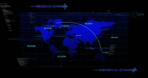 Control panel appearing, world map sending data arcs and pulsing code Stock Footage 313640129