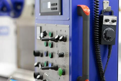 Control panel of automated milling machine closeup Stock Photos