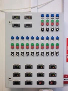 Control panel of a brewery with indicators for the various fermenters Stock Photos