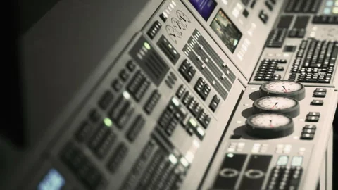 Control panel with buttons and gauges at a music production studio Stock Footage 342804024