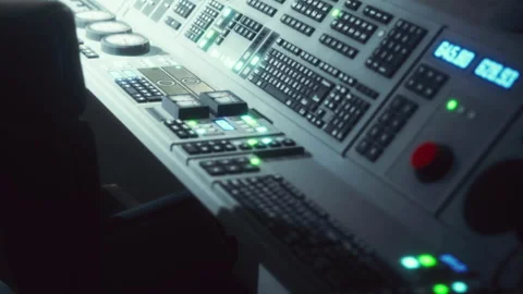 Control panel with buttons and gauges in a dimly lit room at night Stock Footage 344965713