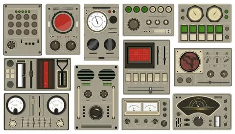 Control panel buttons. Retro spaceships dashboards, analog devices and Illustrazione stock