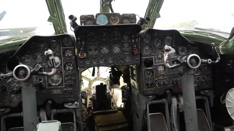 Control panel in cabin of old aircraft with command texts in russian language Stock Footage 229292426