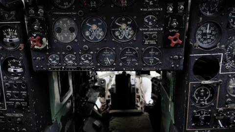 Control panel in cabin of old aircraft with command texts Stock Footage 230868698
