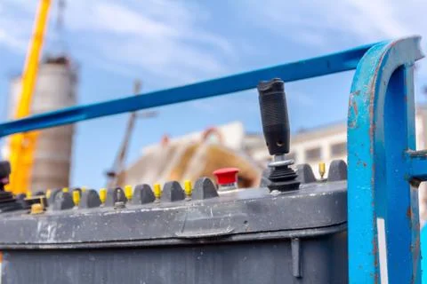 Control panel of cherry picker, buttons with joystick Stock Photos