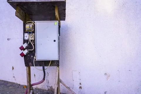 Control panel with circuit-breakers.  switchboard voltage on a street with .. Stock Photos