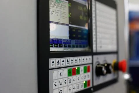 Control panel of a CNC lathe machine Stock Photos