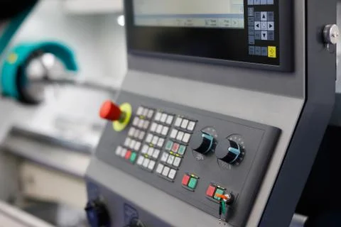 Control panel of the CNC lathe machine Stock Photos