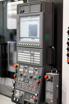 Control panel of CNC lathe machine close up Stock Photos