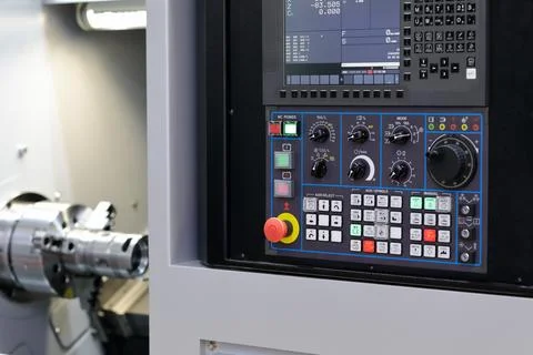 Control panel of CNC turning center machine Stock Photos