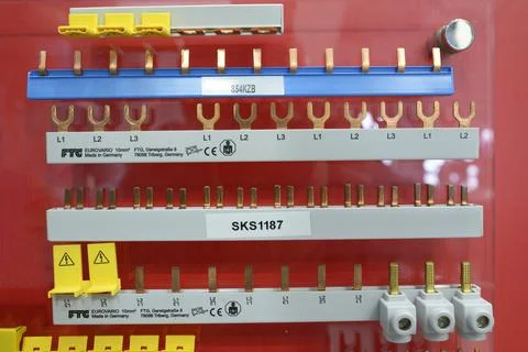 Control panel connection terminals, electrical strips set on stand. Made by F Stock Photos