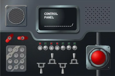 Control panel with display, buttons and handles. Vintage metalic controller Stock Illustration