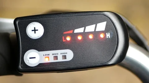 Control panel on electric bike with battery charge status LED-indicators. Stock Footage 119306752