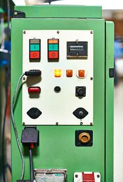 Control panel, factory and equipment with closeup, technology and manufacturing Stock Photos