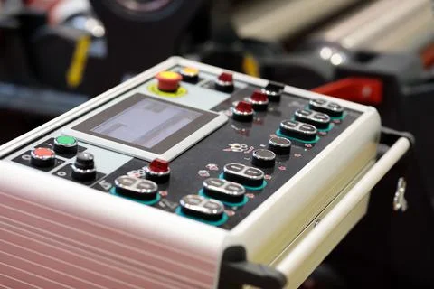 Control panel of four roller plate bending machine Stock Photos