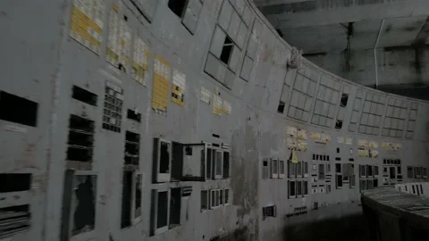 Control panel of the fourth power unit at the Chernobyl nuclear power plant Stock-Footage 194708979