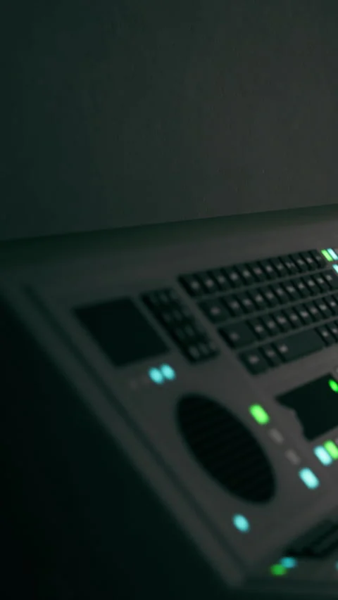 Control panel with glowing buttons and keys in a dark environment at night Stock Footage 337956593