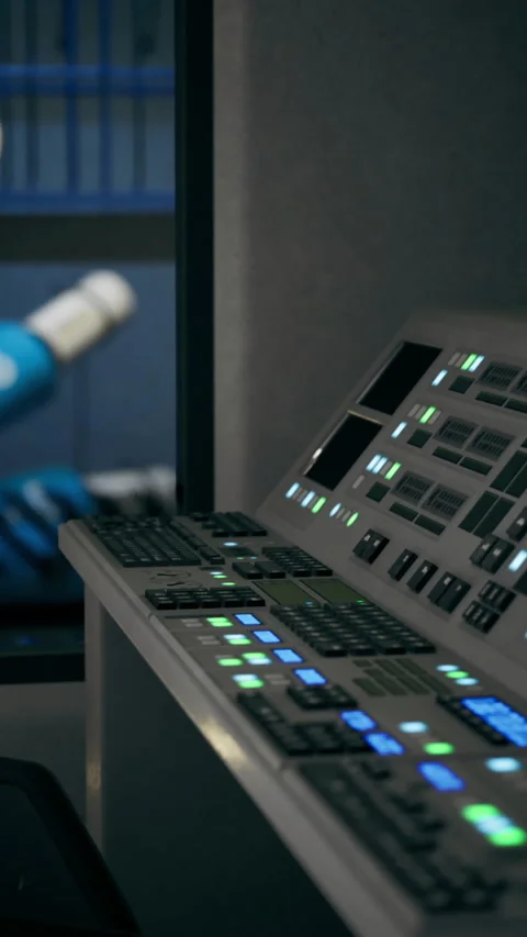 Control panel illuminated in a futuristic environment with robotic elements Stock Footage 316631772