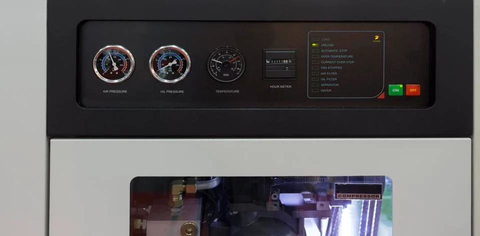 Control panel of industrial air compressor Stock Photos