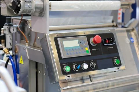 Control panel of industrial tray packaging machine Stock Photos