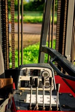 Control panel with levers closeup Stock Photos
