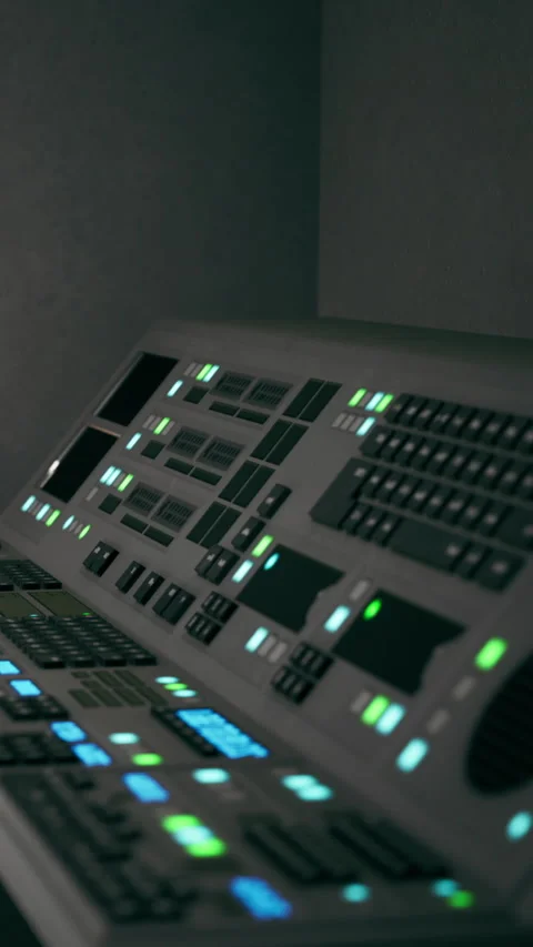 Control panel with lights and buttons in a technology room at night Stock Footage 337954154