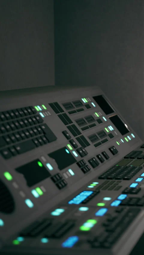 Control panel with lights and buttons in a technology setting at night Stock Footage 338389253